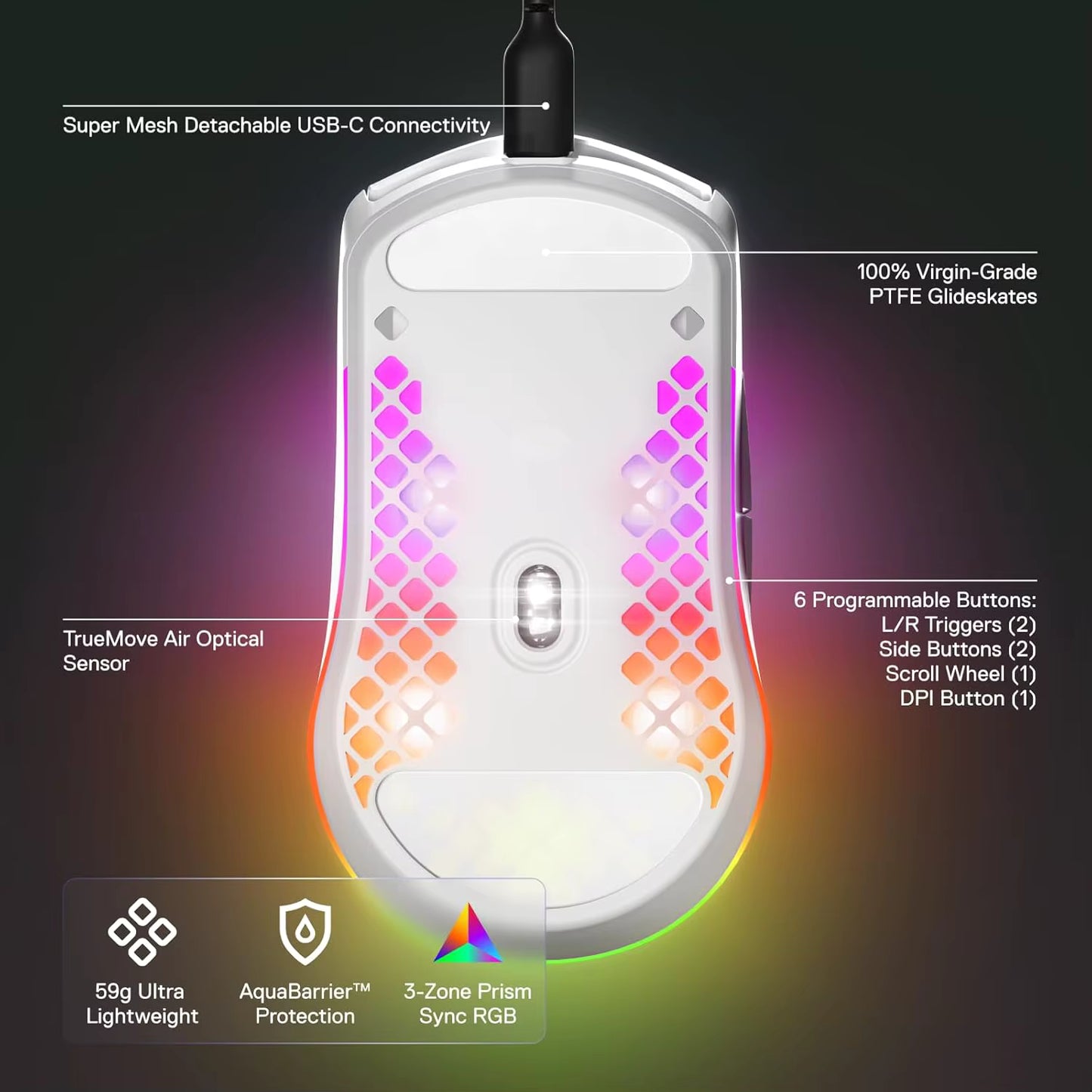 SteelSeries Aerox 3 - Holey RGB Gaming Mouse - Ultralekka, wodoodporna konstrukcja - Optyczny czujnik TrueMove Core o rozdzielczości 8500 DPI
