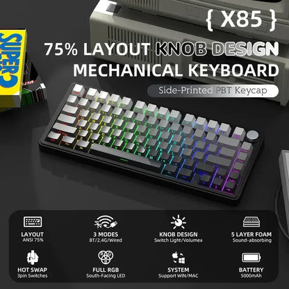 Klawiatura mechaniczna ATTACK SHARK X85, RGB, trójtrybowa, z wymiennymi klawiszami
